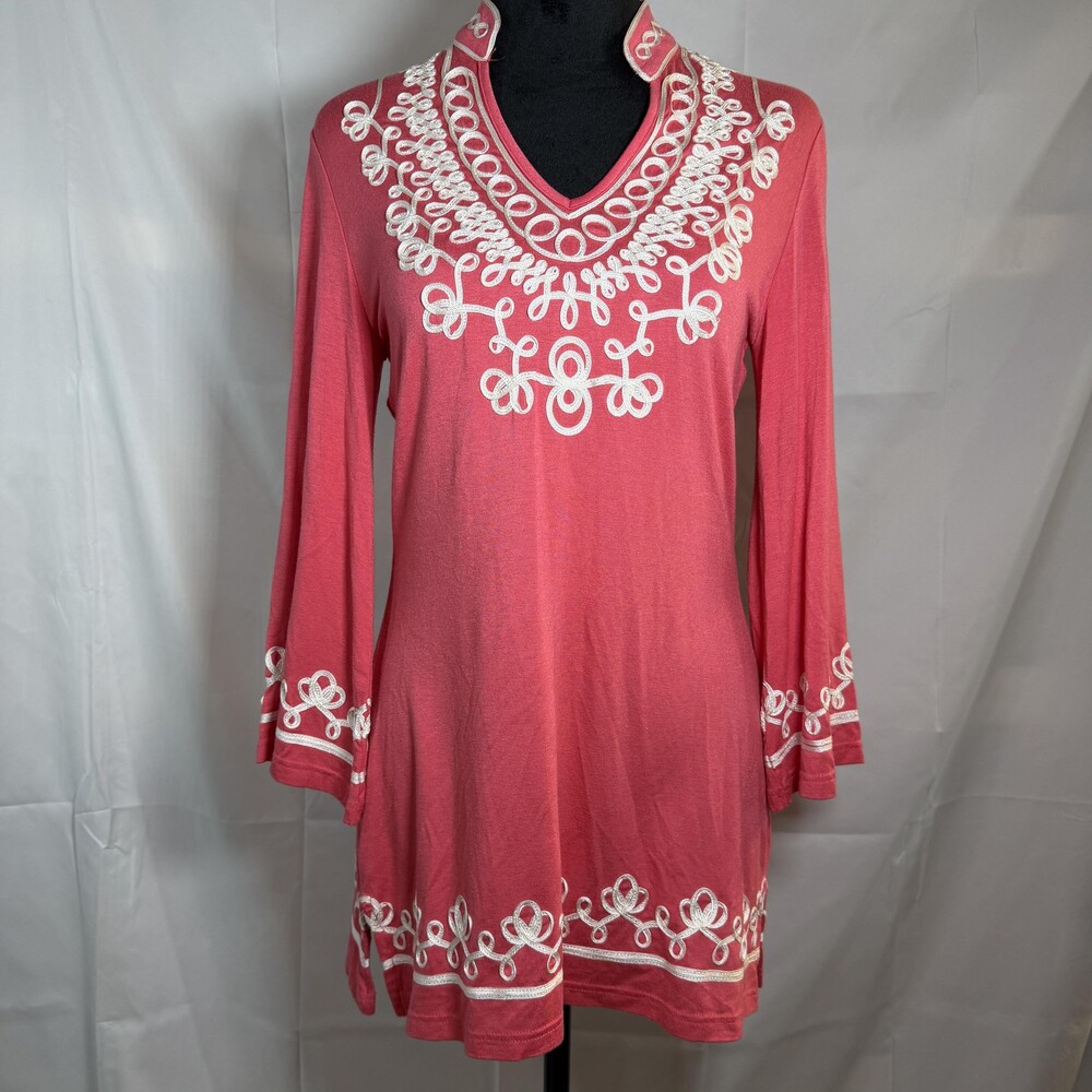 V Cristina Blouse Womens Small Pink Embroidered Tunic Top Boho Long Sleeve